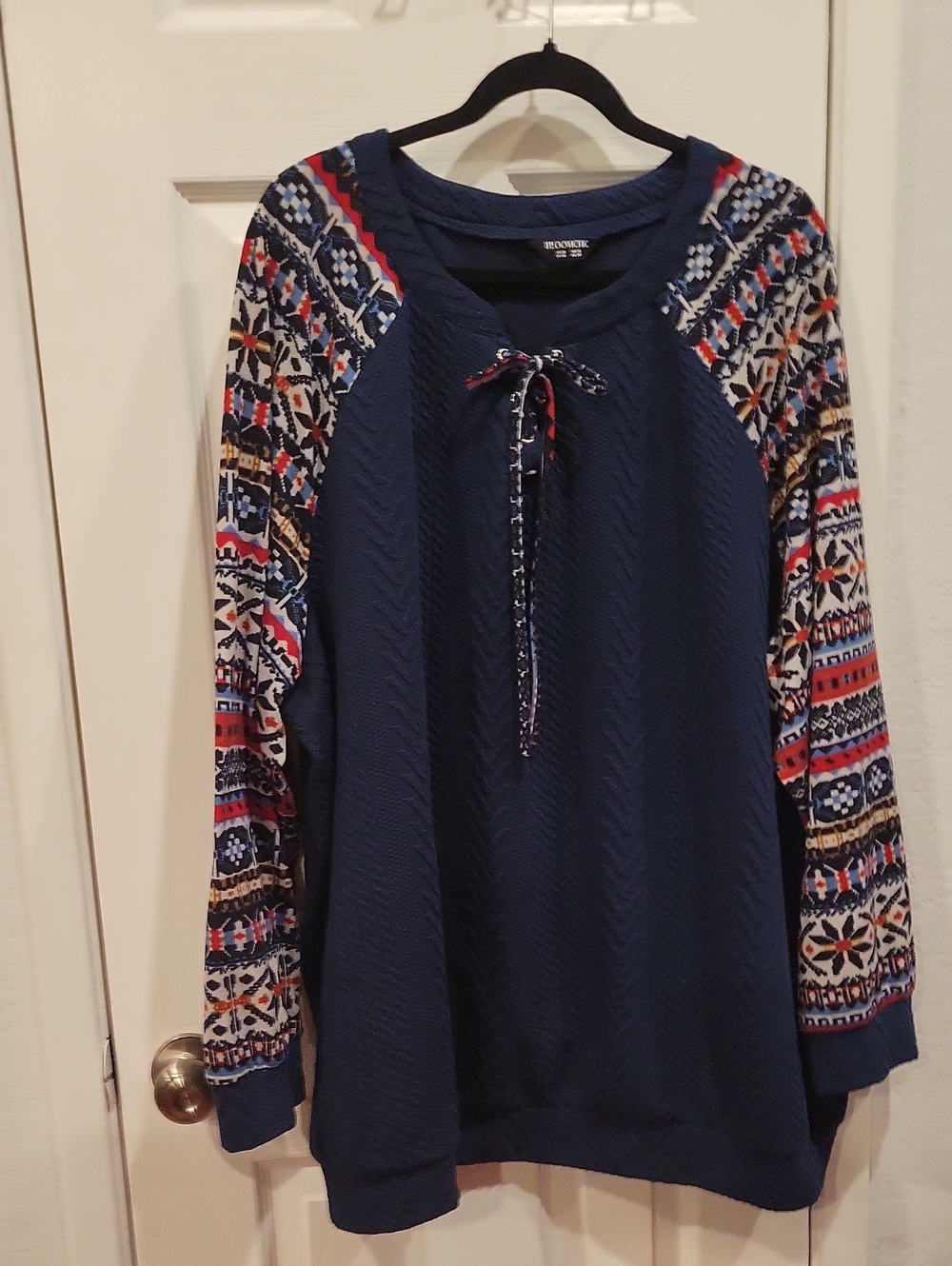 Bloomchic Navy Pullover with Multicolor Patterned Sleeves